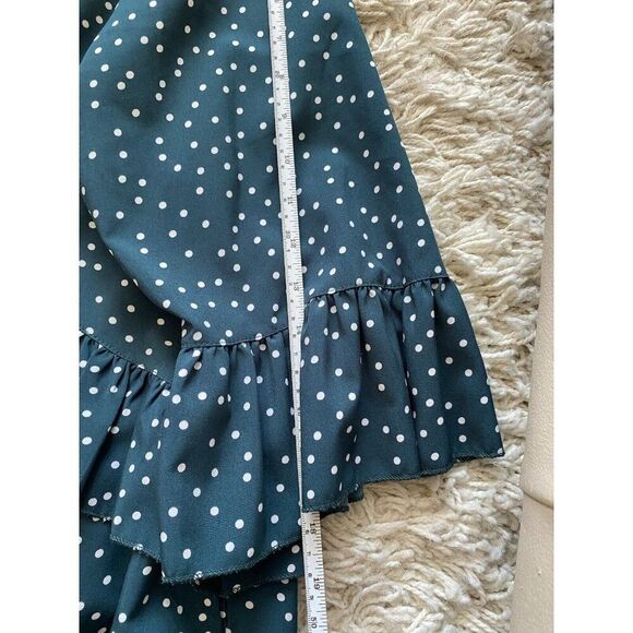 Retro Dress XL Polkadot Teal Blue White Ruffle Shift Mid Length - Picture 5 of 8